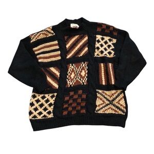 International Sportswear Womens Sweater Sz 2X Knitted by Hand Black Patchwork